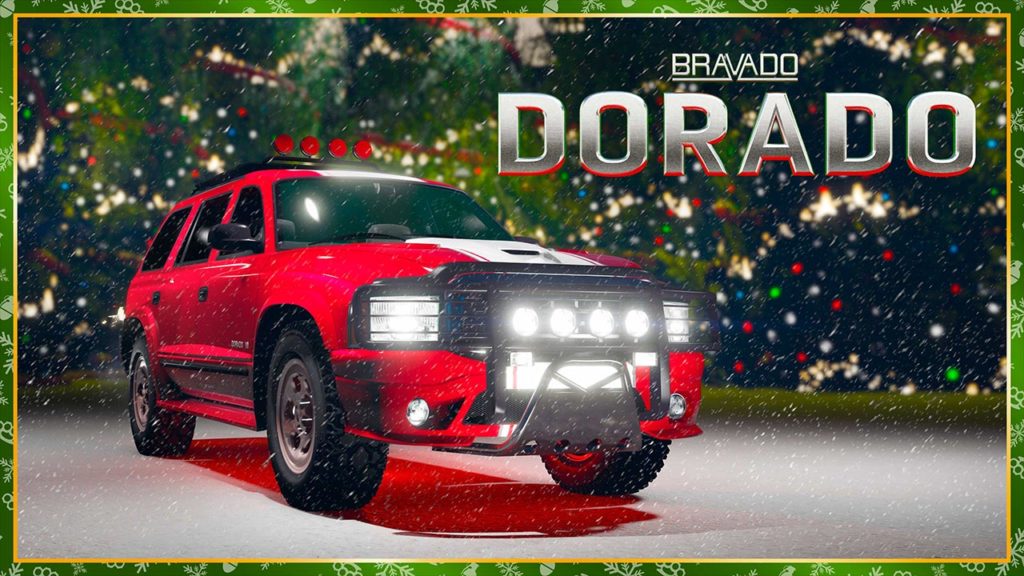 L'avant de la Bravado Dorado de couleur rouge sous un sapin de Noël dans GTA Online 