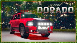 L'avant de la Bravado Dorado de couleur rouge sous un sapin de Noël dans GTA Online