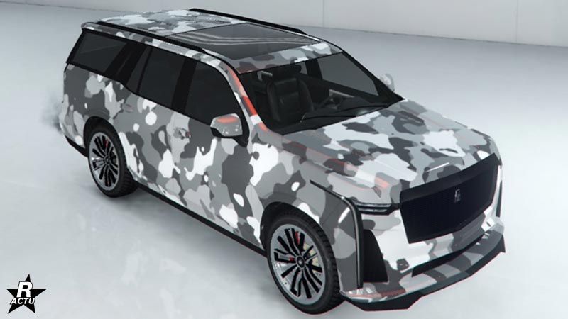 Le motif de camouflage militaire blanc et gris qui est exclusif au membres GTA+ sur le véhicule Albany Cavalcade XL