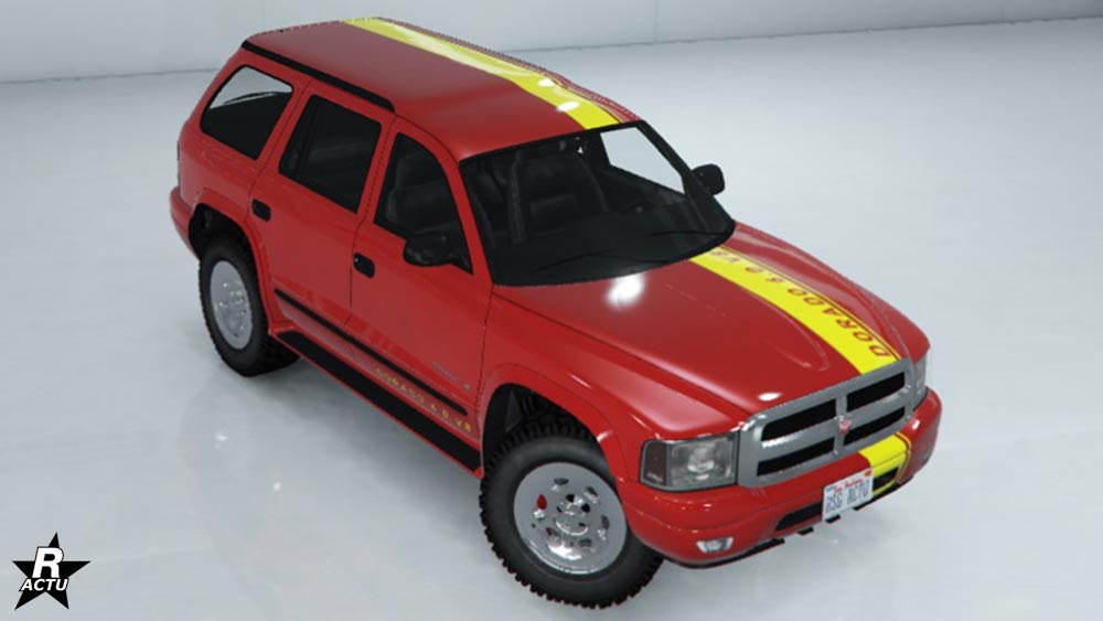 Le motif "Bande décalée jaune" se trouvant sur la carrosserie du véhicule Bravado Dorado.