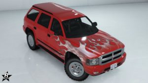 Le motif "Flammes" sur la Bravado Dorado. Ce motif se distingue par un vinyle représentant des flammes de couleurs blanches sur le capot de la voiture.