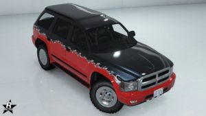 Le motif de véhicule "Flammes tribales demi-ton" appliqué sur la Bravado Dorado. Ce motif se distingue par une couleur noire anthracite recouvrant l'intégralité du haut de la voiture à partir du capot, tandis que la partie inférieure du véhicule reste dans la couleur principale qui peut être choisie. Entre les deux couleurs, des flammes blanches les séparent.