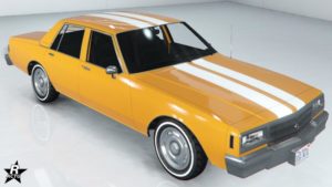 Le motif "Double bande blanche" sur le véhicule Declasse Impaler LX. Le motif se caractérise par deux bandes blanches parallèles qui traversent au centre de la voiture qui débute au capot et se termine au coffre de cette dernière.