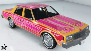 Le motif "Géometrie pure rose" sur la carrosserie du véhicule Declasse Impaler LX. Ce motif recouvre pratiquement toute la voiture d'un vinyle rose qui dispose de quelques lignes horizontales d'un rose plus clair