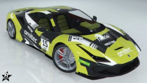 Le motif "Course Grotti Amitec" se trouvant sur la voiture Grotti Turismo Omaggio dans GTA Online