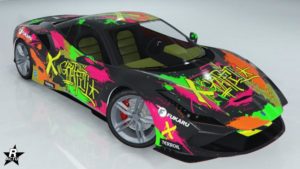 Le motif coloré "Éclaboussures Fukaru" sur la carrosserie de la supersportive Grotti Turismo Omaggio dans GTA Online.