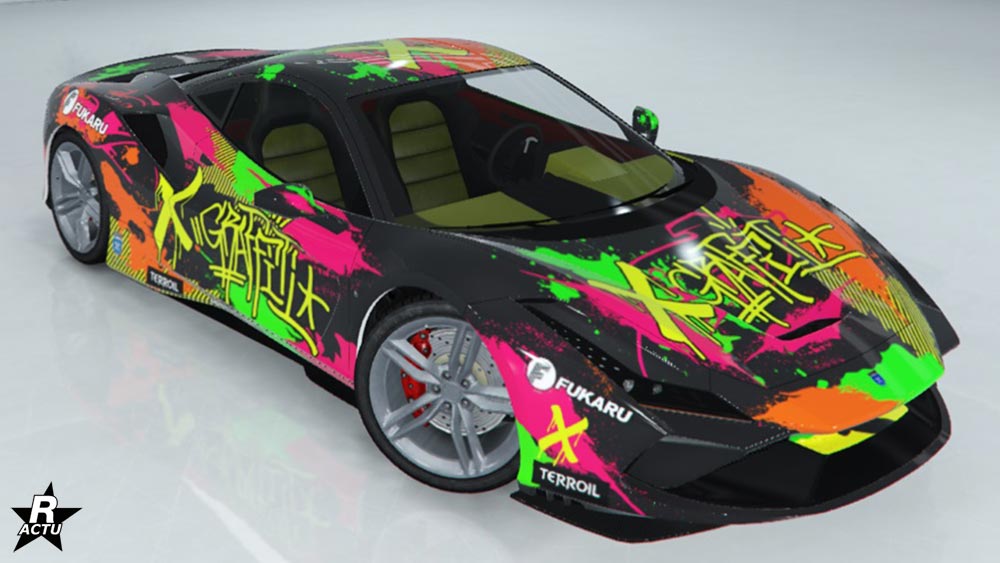 Le motif coloré "Éclaboussures Fukaru" sur la carrosserie de la supersportive Grotti Turismo Omaggio dans GTA Online.