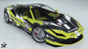 La Grotti Turismo Omaggio disposant du motif "Rockstar Motorsport" qui célèbre les 25 ans de Rockstar Games