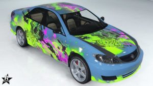 Le motif "Tags" sur le véhicule Karin Asterope GZ. Ce motif représente différentes tâches de couleurs vertes, mauves et gris anthracite réalisées avec une bombe de peinture