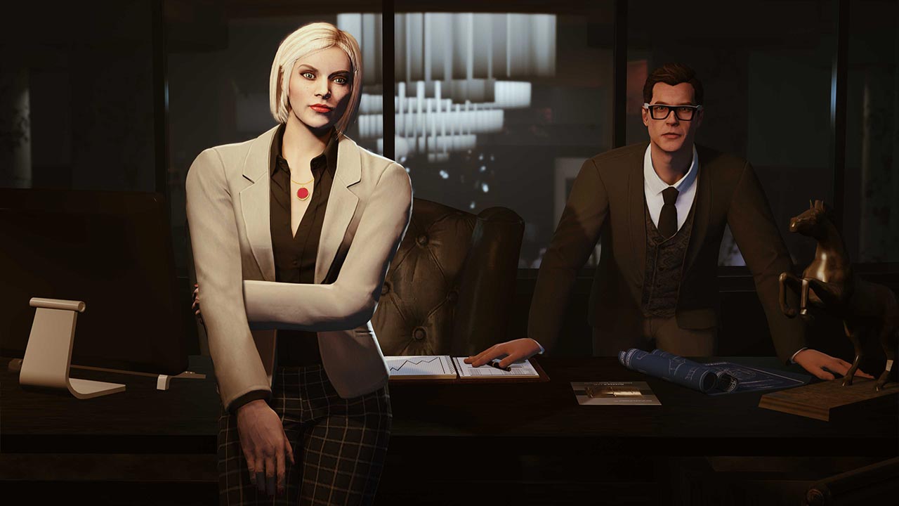 Madame Baker dans son bureau avec Tom Connors, attendant de faire le briefing aux joueurs de GTA Online sur la situation lors des missions de l'histoire du Diamond Casino