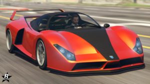 Vue avant de la Grotti Cheetah, le véhicule est de couleur rouge