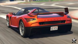 Vue arrière de la Grotti Cheetah, la carrosserie est rouge