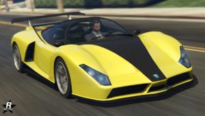 Vue avant du véhicule Grotti Cheetah dans GTA Online, la supersportive est de couleur jaune
