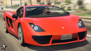 Vue avant de la Pegassi Vacca, la voiture est de couleur rouge vif