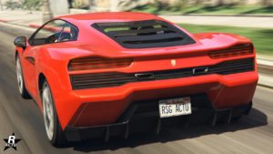 Vue arrière du véhicule Pegassi Vacca, sa carrosserie est de couleur rouge vif