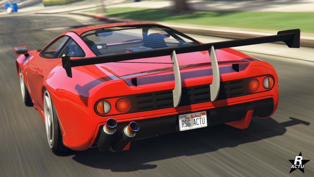 Vue arrière de la voiture Ocelot Penetrator dans GTA Online, elle est de couleur rouge