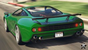 Vue arrière de l'Ocelot Penetrator, la peinture du véhicule est verte