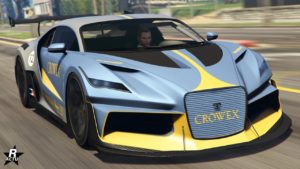 Vue avant de la Truffade Thrax dans GTA Online, la voiture est de couleur bleu ciel et dispose du motif "Crowex" sur sa carrosserie