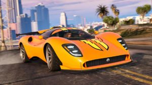 La Lampadati Tigon vue de devant, la carrosserie de la voiture est orange et dispose du motif "Double bande jaune"