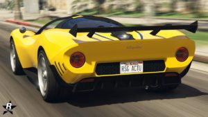 Vue arrière du véhicule Lampadati Tigon de couleur jaune