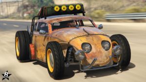 Image avant et légèrement en biais de la voiture BF Weevil Custom