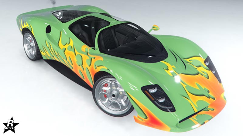 Le motif "Flammes" sur la  voiture Lampadati Tigon dans GTA Online. Ce skin de véhicule recouvre la carrosserie de flammes de couleurs jaunes et oranges