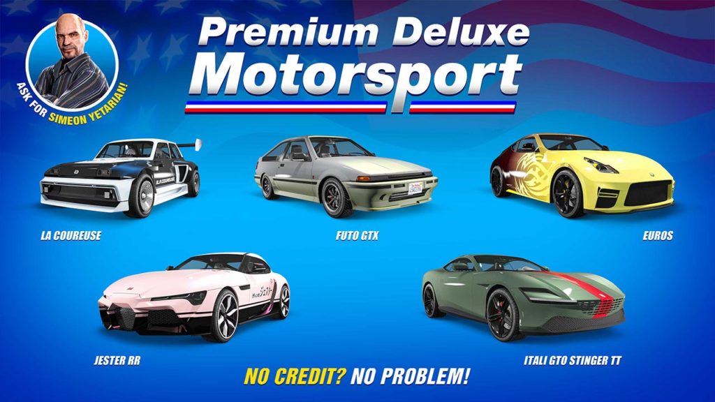 La concession auto Premium Deluxe Motorsport qui expose les voitures suivants qui sont disponibles à l'achat cette semaine : Annis Euros, Dinka Jester RR, Grotti Itali GTO Stinger TT, Karin Futo GTX et Penaud La Coureuse 