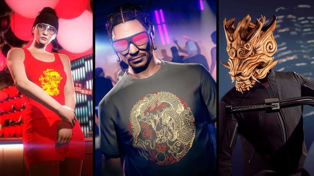 Le masque de dragon en bois, la robe nouvel an lunaire rouge, et le t-shirt nouvel an lunaire noir qui sont à débloquer cette semaine dans GTA Online
