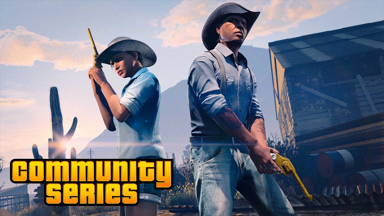 Deux personnes habillées en cowboys et tenant un révolver dans une activité communautaire dans GTA Online