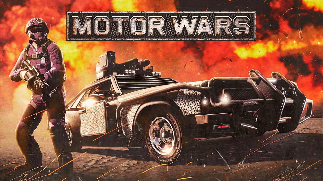 Image représentant le mode rivalité Guerre motorisée dans GTA Online. L'image représente un personnage lourdement armée se tenant à coté d'une Tampa armée avec en arrière plan une énorme explosion.