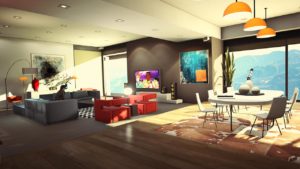 Vue intérieure du salon / salle à manger du deuxième intérieure de l'appartement de luxe avec garage 10 places.