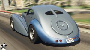 Vue arrière de la Truffade Z-Type, sa peinture est de couleur grise et bleu