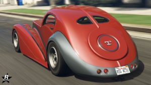 Vue arrière du véhicule Truffade Z-Type dans GTA Online, sa carrosserie est de couleur rouge et gris aluminium