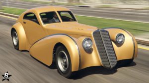 Vue avant de la Truffade Z-Type, la voiture est de couleur or sur toute la carrosserie