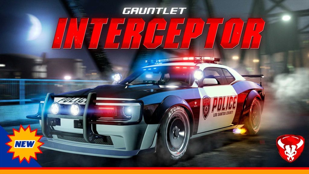 Image promotionnelle de Rockstar Games concernant la voiture de police Bravado Gauntlet Interceptor, annonçant sa disponibilité dans GTA Online