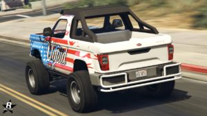 Vue arrière du Vapid Riata, le tout-terrain est de couleur blanche