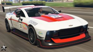 Vue avant de la voiture Dewbauchee Champion, la carrosserie dispose d'un motif de course automobile et est de couleur blanche et rouge