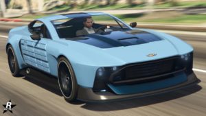 Vue avant du véhicule Dewbauchee Champion, la voiture dispose d'un blindage renforcé contre les explosions au niveau des portières, et la carrosserie de la voiture est de couleur bleu nautique avec un capot noir.