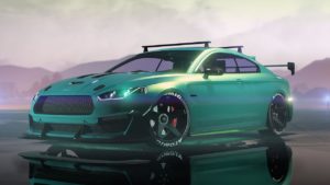 Vue avant de l'Obey 8F Drafter, le véhicule est de couleur vert pétrole et dispose de barres de toit.