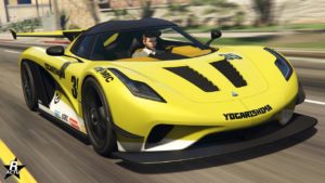 L'avant de la voiture Överflöd Entity MT, elle est de couleur jaune et possède le motif de carrosserie "Rallye MT"