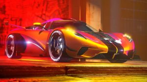 L'avant de la voiture Överflöd Entity MT, elle sort du garage personnel d'Hao, est de couleur orange avec des nuances de jaune, et a le motif "Doubles bandes noires" sur sa carrosserie en plus de moustaches au niveau de son pare-chocs avant