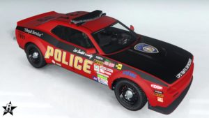 La voiture de flic Gauntlet Interceptor disposant du motif de course "Dragster LSPD"