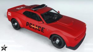 La voiture Bravado Gauntlet Interceptor aux couleurs de la police de la commune de Grapeseed