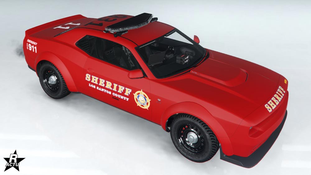 Le motif "Shérif du compté de LS" sur la voiture de police Bravado Gauntlet Interceptor dans le jeu Grand Theft Auto Online