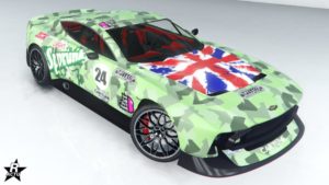 Le motif "Car Tune Motorsport" sur la voiture Dewbauchee Champion. Ce skin de véhicule représente le drapeau du Royaume-Unis sur son capot et un ensemble de tâches de camouflage militaire de couleurs grises