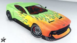 Le véhicule Dewbauchee Champion disposant du motif "Flammes Hot Rod" sur sa carrosserie, ce skin représente des flammes jaunes et orangées sur le capot de la voiture