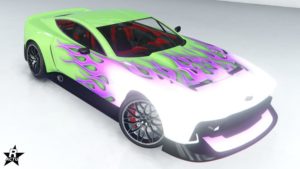 Le motif "Flammes Hot Rod, mauve" représentant des flammes mauves et blanches sur le capot de la voiture Dewbauchee Champion dans le jeu GTA Online