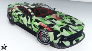 Le skin de véhicule "Fukaru Motorsport" présent sur la carrosserie de la voiture Dewbauchee Champion
