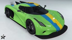 Le motif "Bande suédoise" sur la supersportive Överflöd Entity MT dans GTA Online. Ce motif est un vinyle de deux lignes horizontales parallèles, l'une de couleur bleue et l'autre en jaune, rappelant les couleurs du drapeau Suédois.
