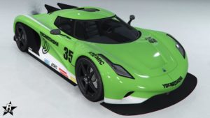 Le motif "Rallye MT" présent sur la carrosserie sur la voiture de GTA Online "Överflöd Entity MT"